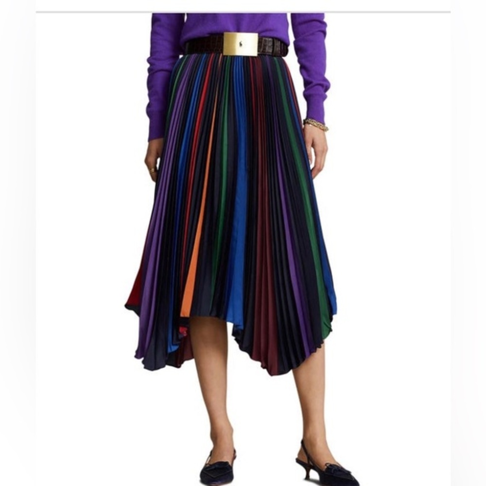 Polo Ralph Lauren Jaden striped Navy Stripe Pleated MIDI Skirt Size XS new